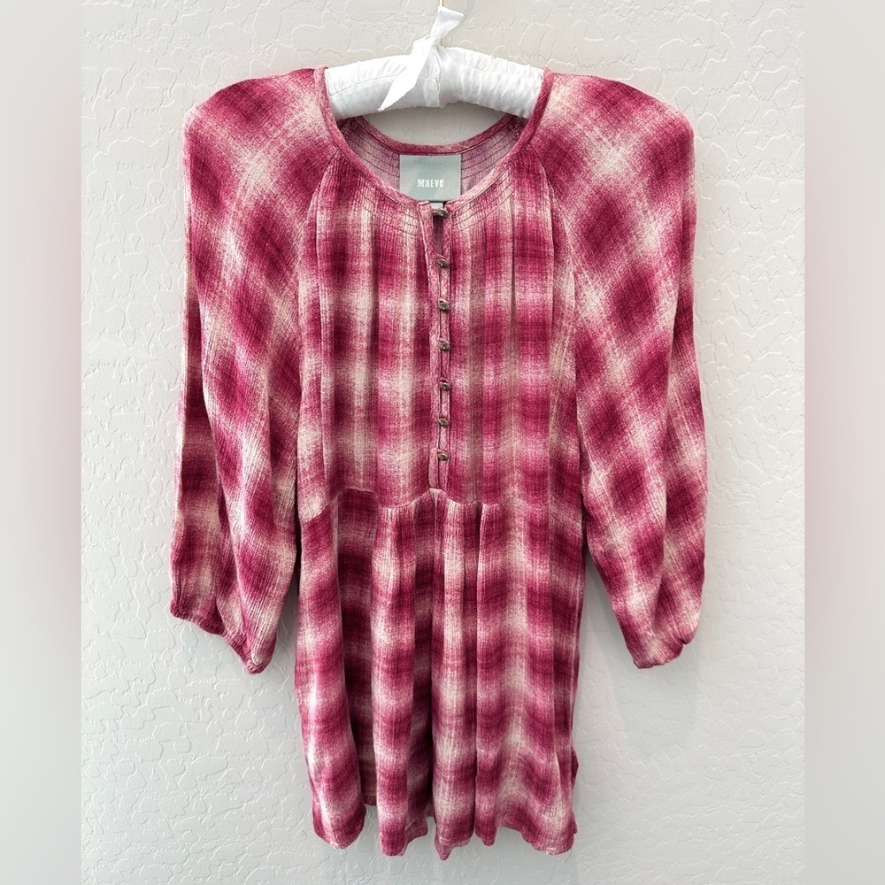 ANTHROPOLOGIE | Maeve Pink Plaid Peplum Boho Peasant Tunic Blouse | XS